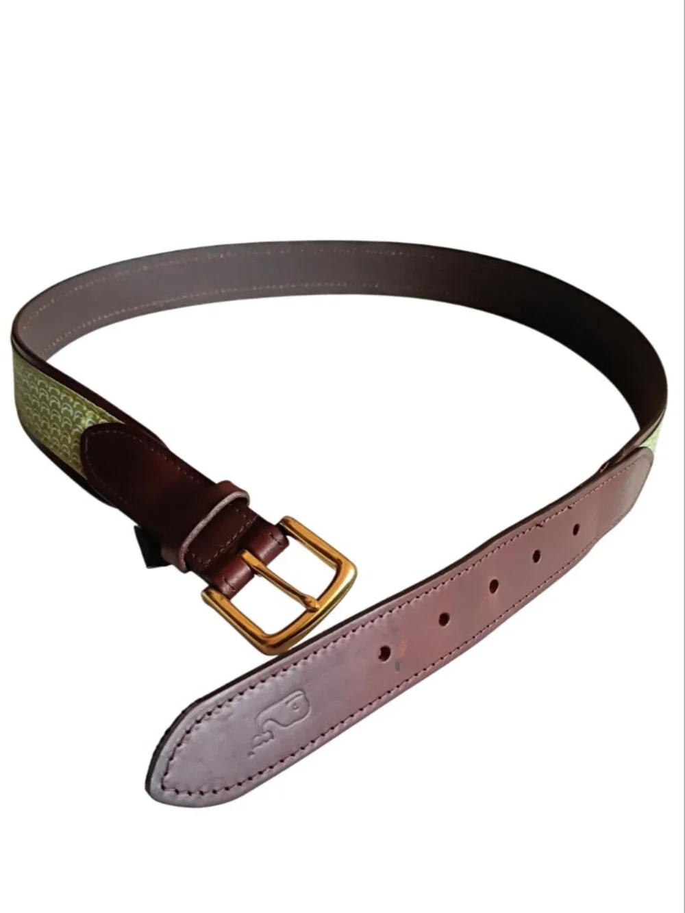 VINEYARD VINES Belt Leather Green Ribbon Solid Brass Buckle Sz 34 - Picture 3 of 7